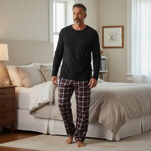 Merona Plaid Pajama Set Black Henley Top Mens Size L